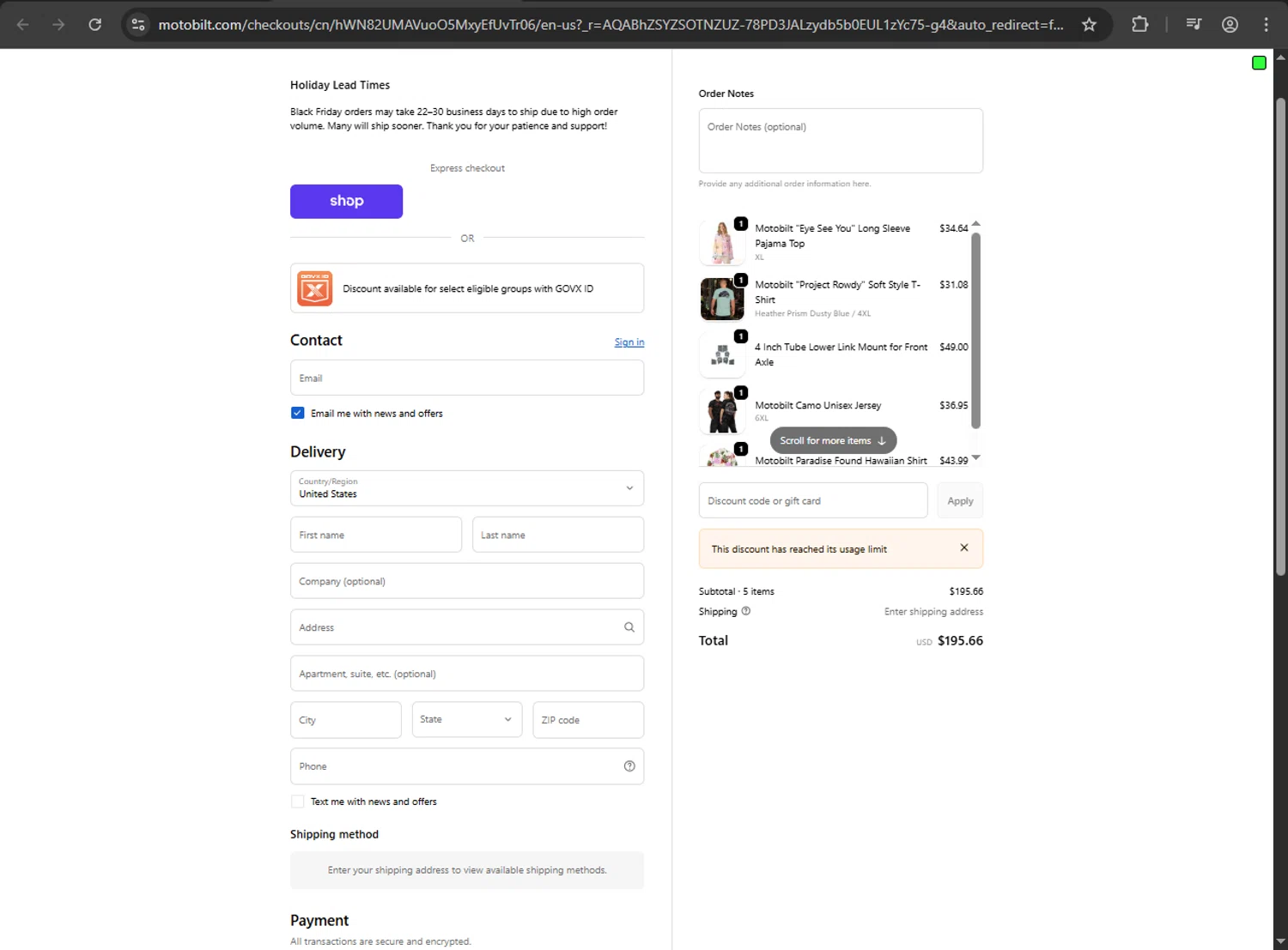 Motobilt discount code screenshot showing code SU5BGX6RZMD applied at Motobilt checkout page. Uploaded by SimplyCodes community member RINITOSHI on Jan 26, 2026
