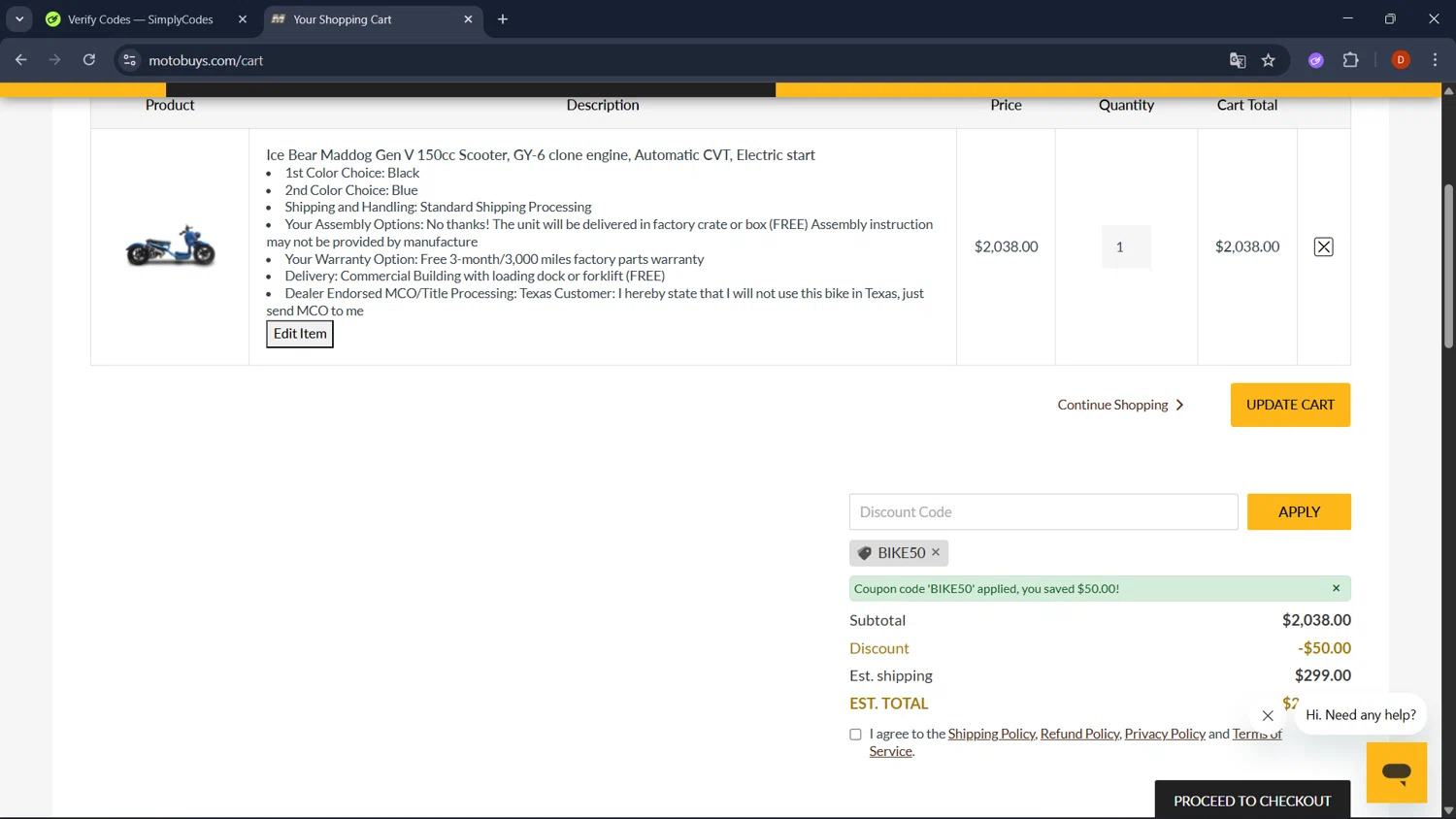 Motobuys discount code screenshot showing code BIKE50 applied at Motobuys checkout page. Uploaded by SimplyCodes community member RoyalSaver3150 on Sep 19, 2025