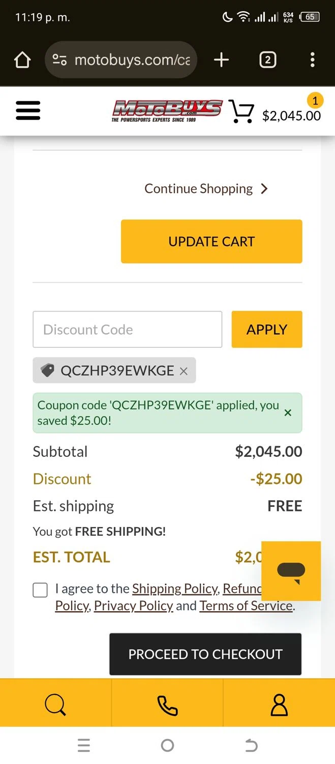 Motobuys discount code screenshot showing code QCZHP39EWKGE applied at Motobuys checkout page. Uploaded by SimplyCodes community member Gianpiero on Jul 21, 2025