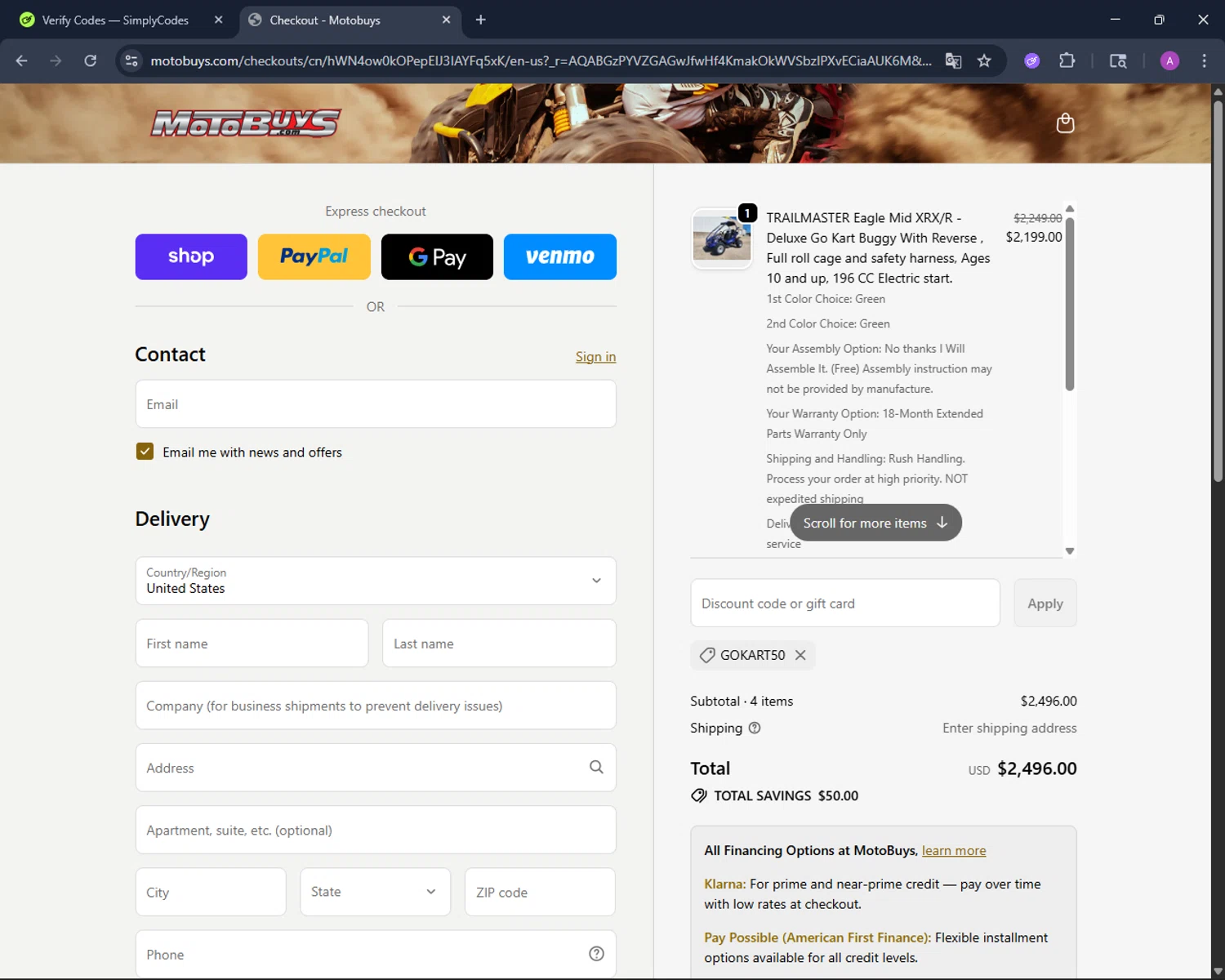 Motobuys discount code screenshot showing code GOKART50 applied at Motobuys checkout page. Uploaded by SimplyCodes community member AndreinaA on Nov 2, 2025