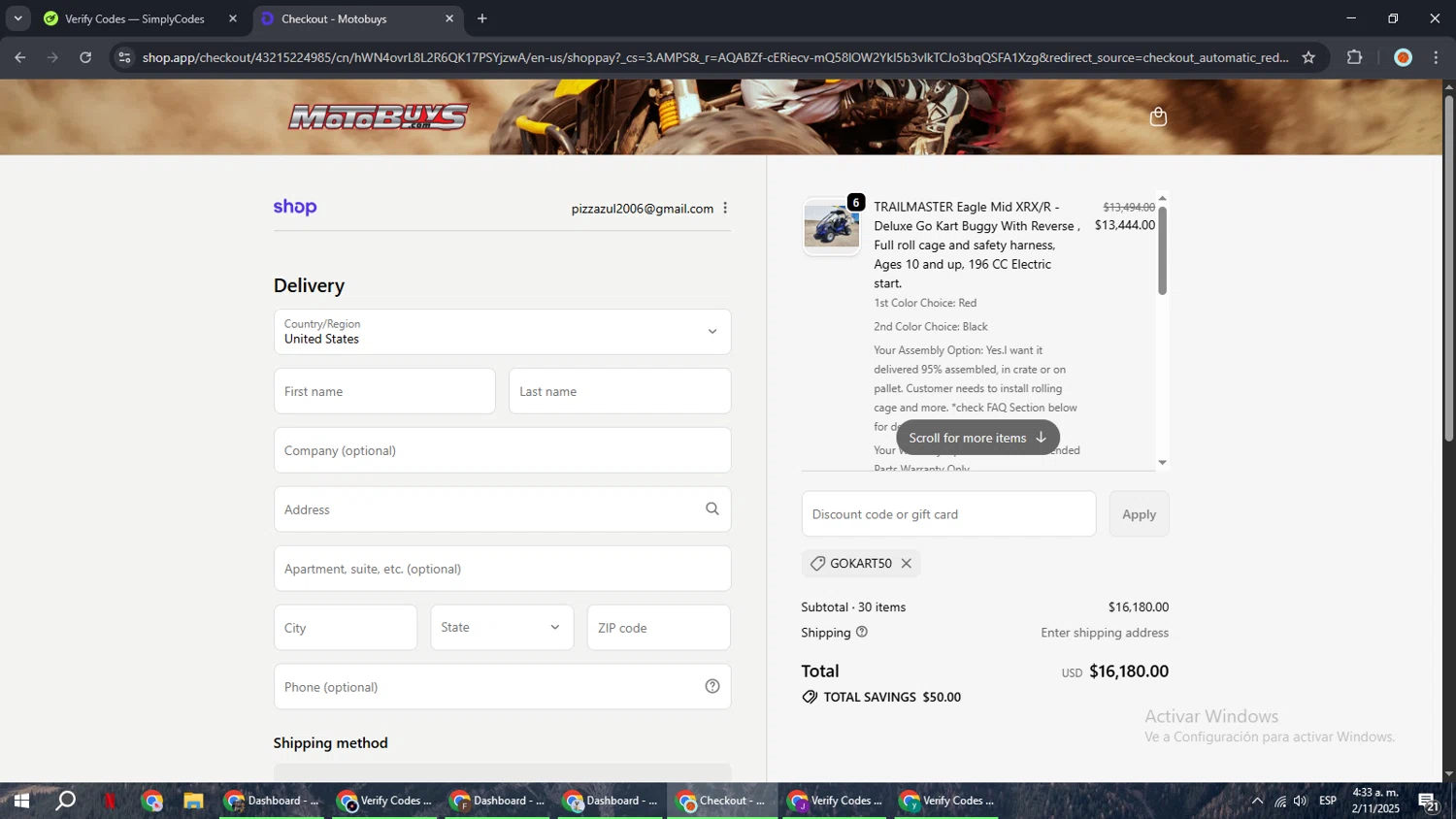 Motobuys discount code screenshot showing code GOKART50 applied at Motobuys checkout page. Uploaded by SimplyCodes community member BonusCaptain9927 on Nov 2, 2025