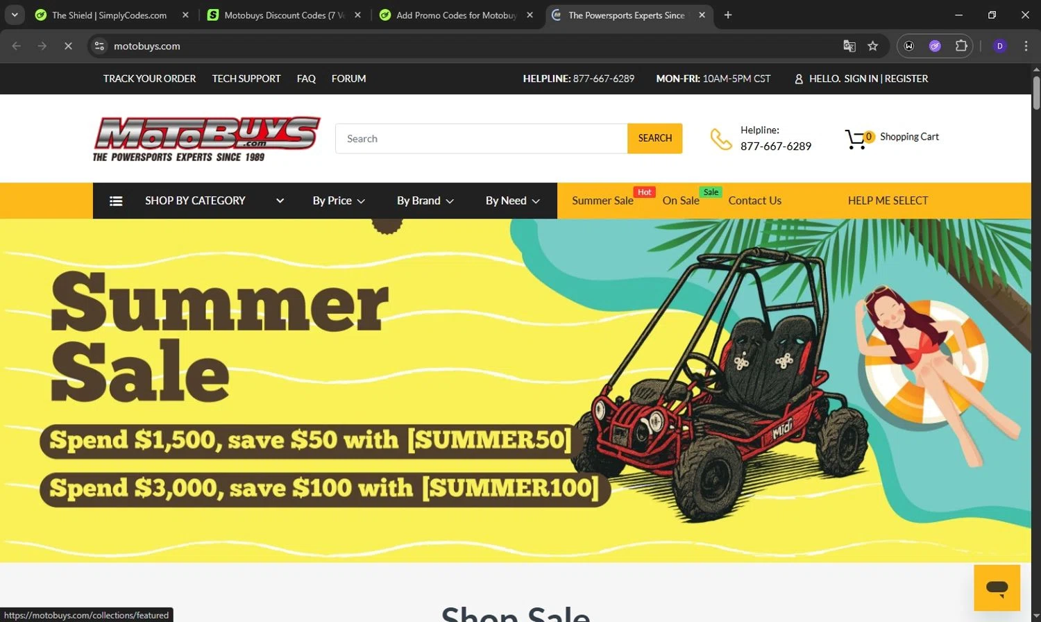 Motobuys discount code screenshot showing code SUMMER50 applied at Motobuys checkout page. Uploaded by SimplyCodes community member Obito6245825041527 on Aug 20, 2025