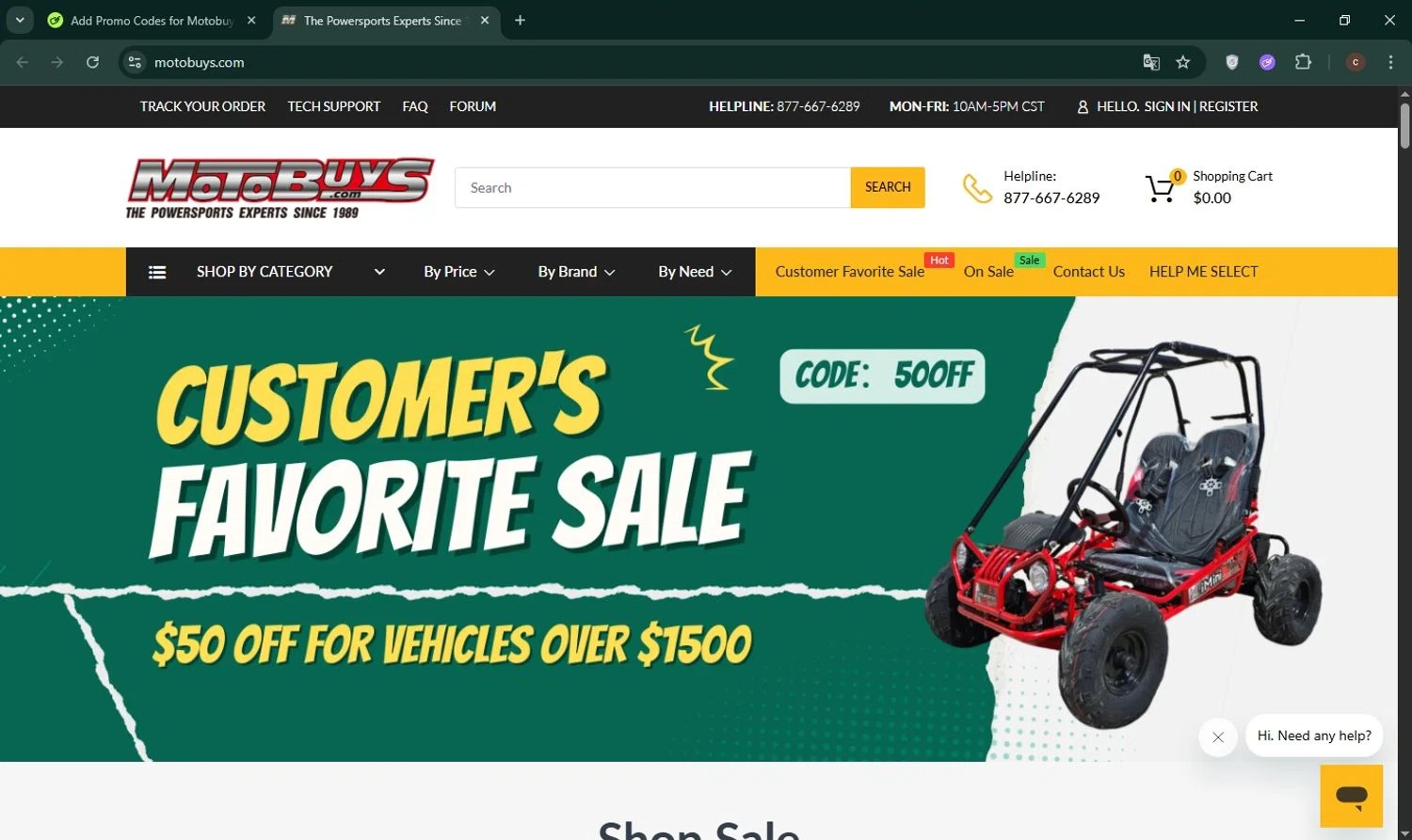 Motobuys discount code screenshot showing code 50off applied at Motobuys checkout page. Uploaded by SimplyCodes community member Simply22 on Jun 9, 2025
