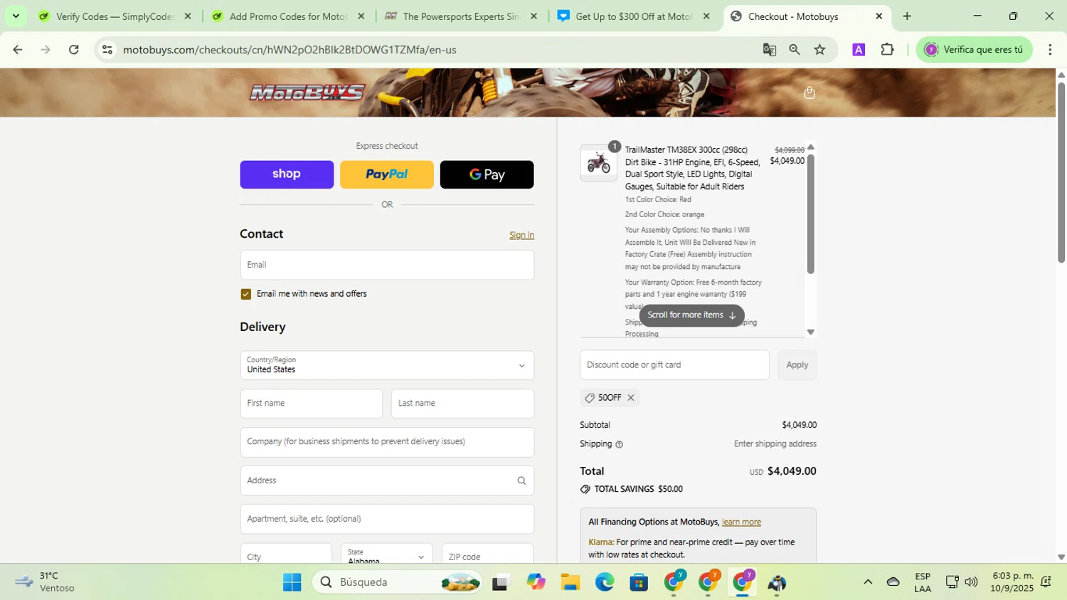 Motobuys discount code screenshot showing code 50OFF applied at Motobuys checkout page. Uploaded by SimplyCodes community member jesusalvarez1 on Sep 10, 2025