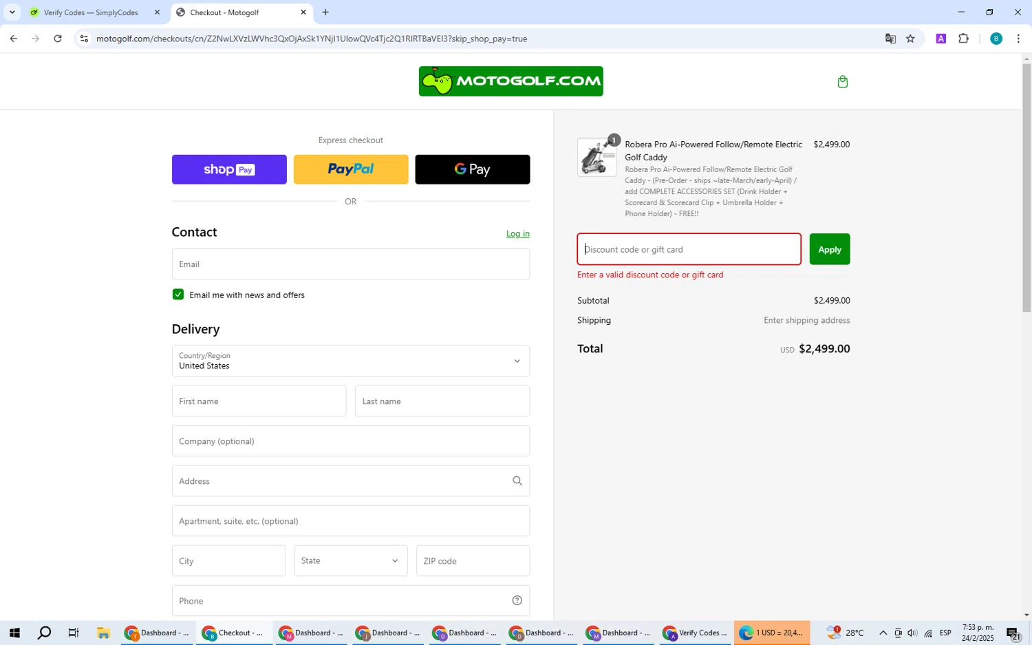 Motogolf discount code screenshot showing code FREESHIP applied at Motogolf checkout page. Uploaded by SimplyCodes community member CleverPilot5845 on Feb 24, 2025