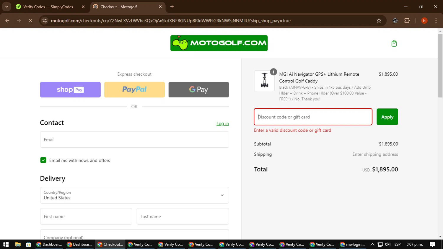 Motogolf discount code screenshot showing code FREESHIP applied at Motogolf checkout page. Uploaded by SimplyCodes community member MagnificentScout194 on Jan 5, 2025