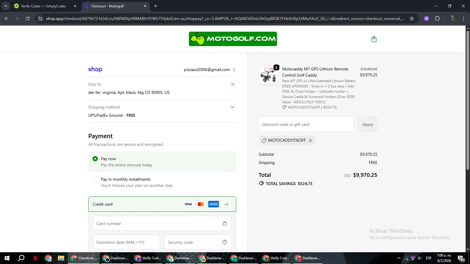 Motogolf checkout page showing Motogolf discount code box | Screenshot taken by SimplyCodes community member on Feb 8, 2026