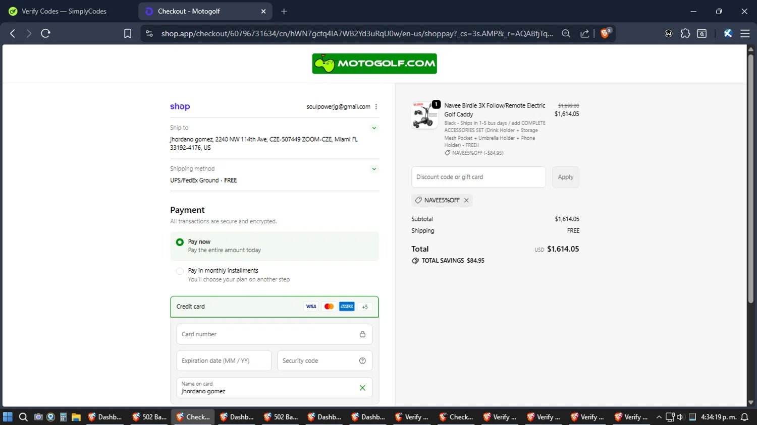 Motogolf discount code screenshot showing code NAVEE5%OFF applied at Motogolf checkout page. Uploaded by SimplyCodes community member Jgomez on Jan 16, 2026