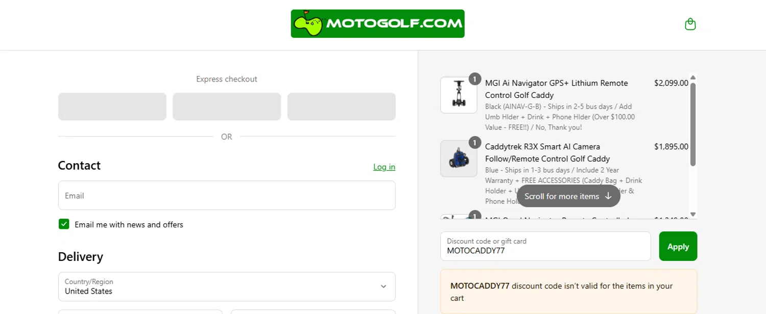 Motogolf discount code screenshot showing code MOTOCADDY77 applied at Motogolf checkout page. Uploaded by SimplyCodes community member ashe1986 on Jun 16, 2025