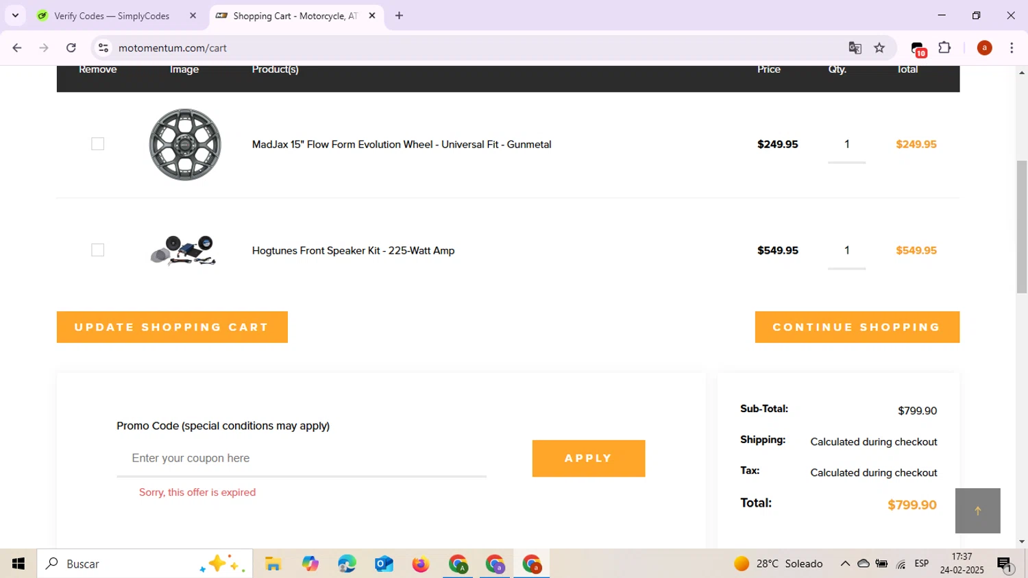 Motomentum coupon code screenshot showing code OCT15 applied at Motomentum checkout page. Uploaded by SimplyCodes community member MariaSarai on Feb 24, 2025