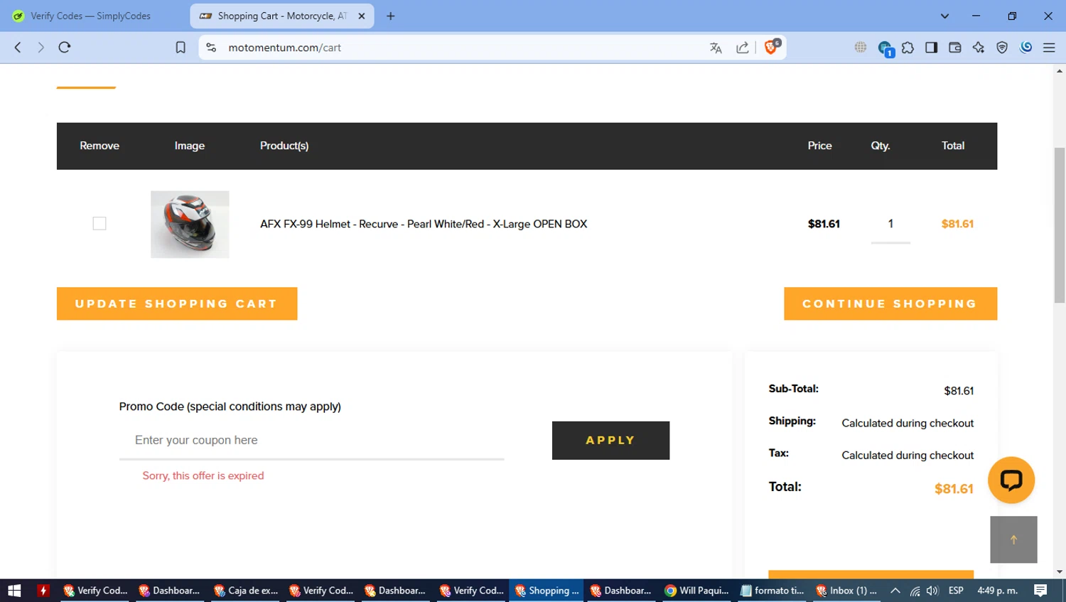 Motomentum coupon code screenshot showing code SANTA applied at Motomentum checkout page. Uploaded by SimplyCodes community member SmartFinder4794 on Mar 8, 2025