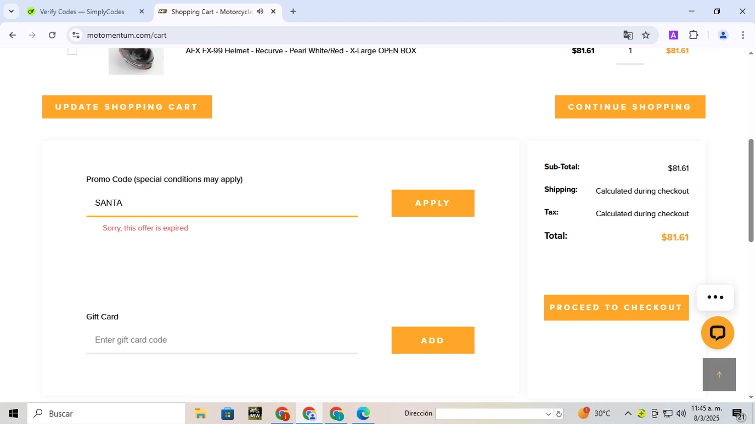 Motomentum coupon code screenshot showing code SANTA applied at Motomentum checkout page. Uploaded by SimplyCodes community member ExtraordinaryExpert1730 on Mar 8, 2025
