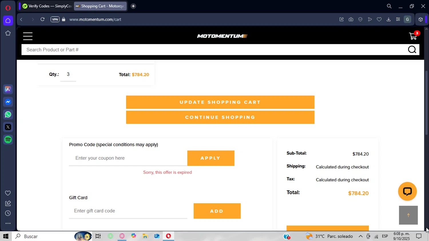 Motomentum coupon code screenshot showing code MESHEY10 applied at Motomentum checkout page. Uploaded by SimplyCodes community member CrownWizard8571 on Oct 9, 2025
