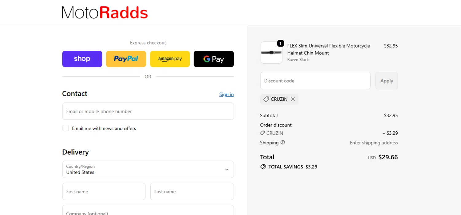 MotoRadds discount code screenshot showing code CRUZIN applied at MotoRadds checkout page. Uploaded by SimplyCodes community member CashAce9852 on Nov 19, 2025