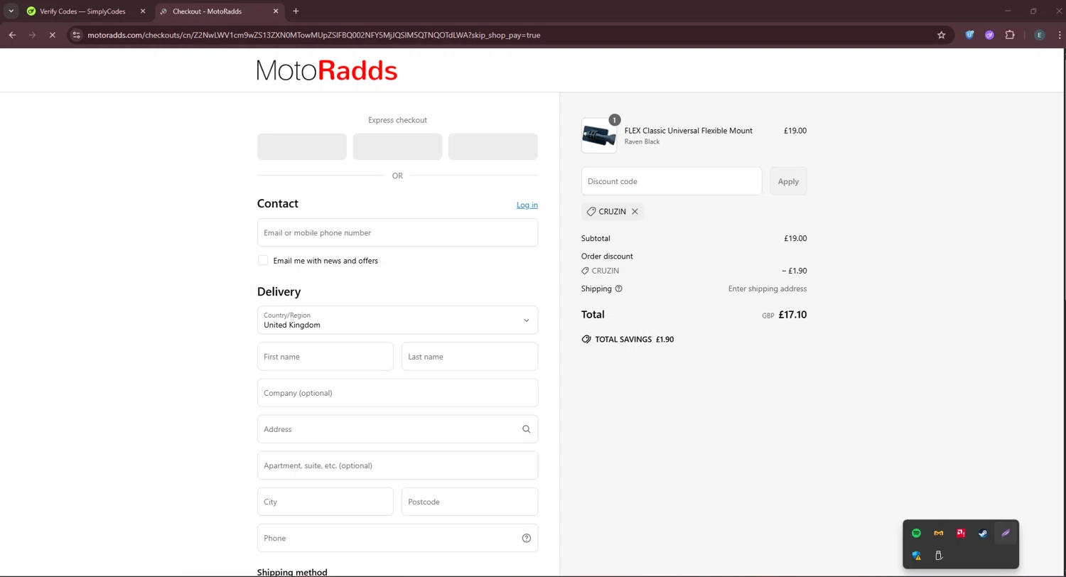 MotoRadds discount code screenshot showing code CRUZIN applied at MotoRadds checkout page. Uploaded by SimplyCodes community member GloriousPioneer2942 on Jun 25, 2025