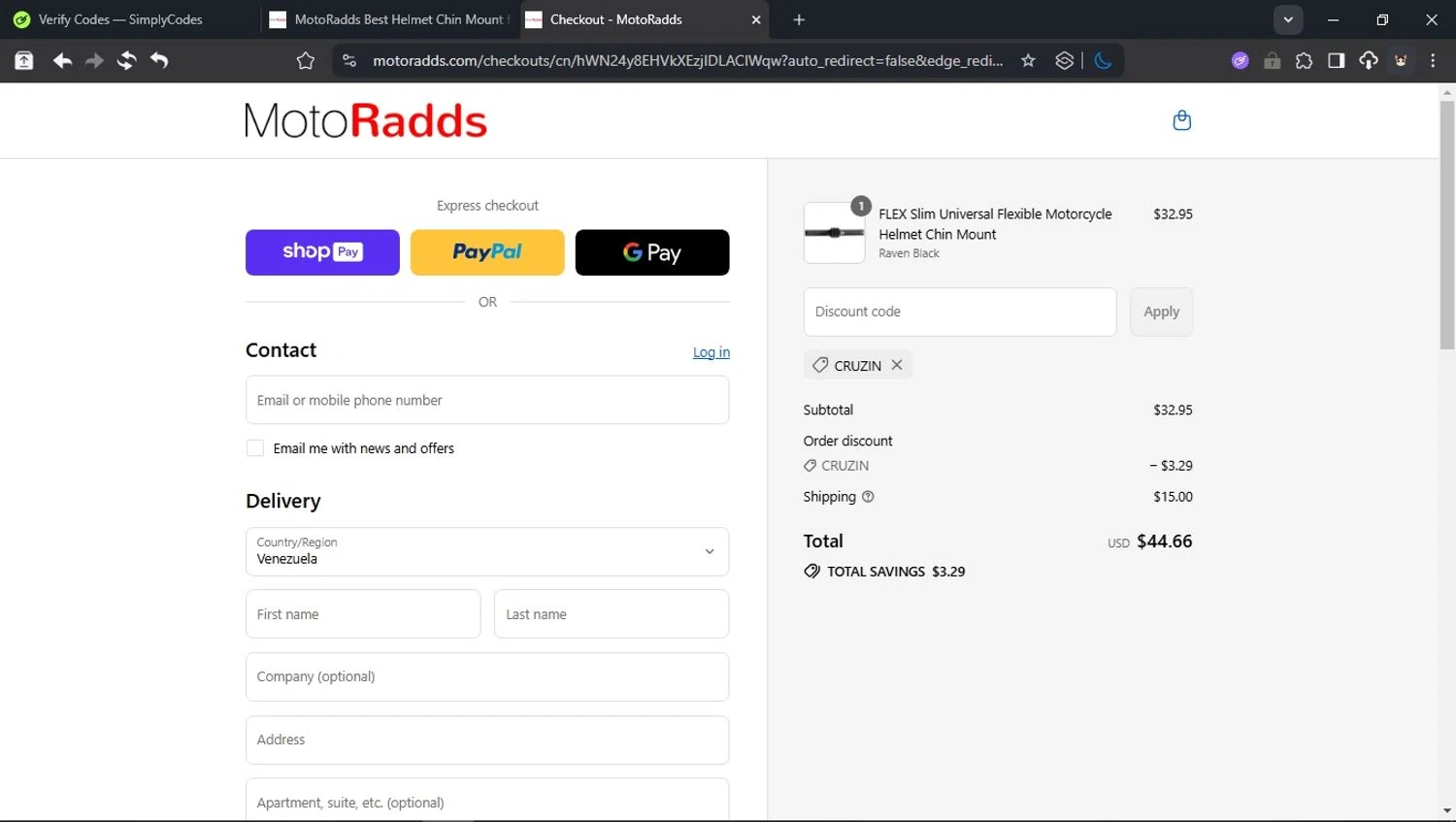 MotoRadds discount code screenshot showing code CRUZIN applied at MotoRadds checkout page. Uploaded by SimplyCodes community member domain on Aug 22, 2025