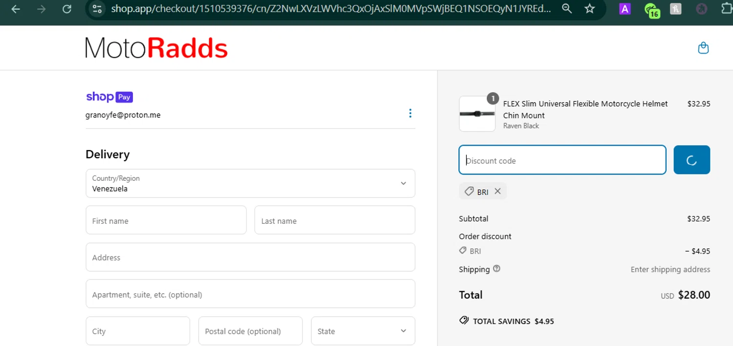 MotoRadds discount code screenshot showing code bri applied at MotoRadds checkout page. Uploaded by SimplyCodes community member MARCVH on Apr 18, 2025