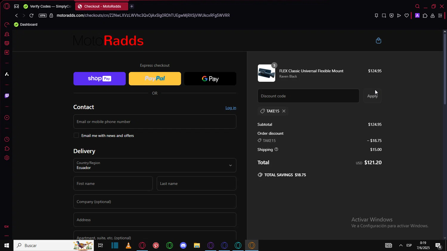 MotoRadds discount code screenshot showing code TAKE15 applied at MotoRadds checkout page. Uploaded by SimplyCodes community member FortunateHawk6980 on Jun 7, 2025
