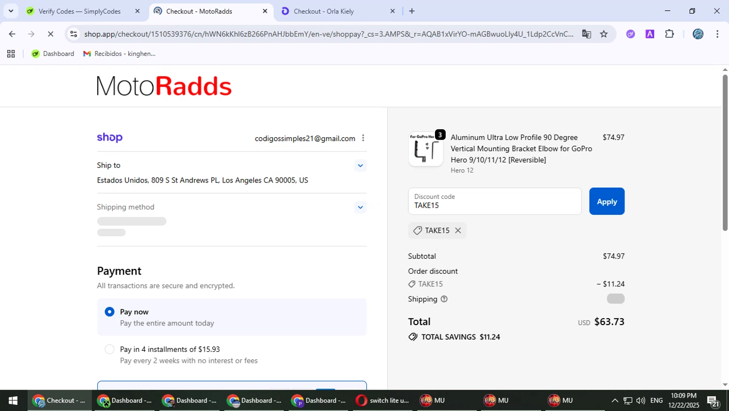 MotoRadds discount code screenshot showing code TAKE15 applied at MotoRadds checkout page. Uploaded by SimplyCodes community member PokeGOAT on Dec 23, 2025