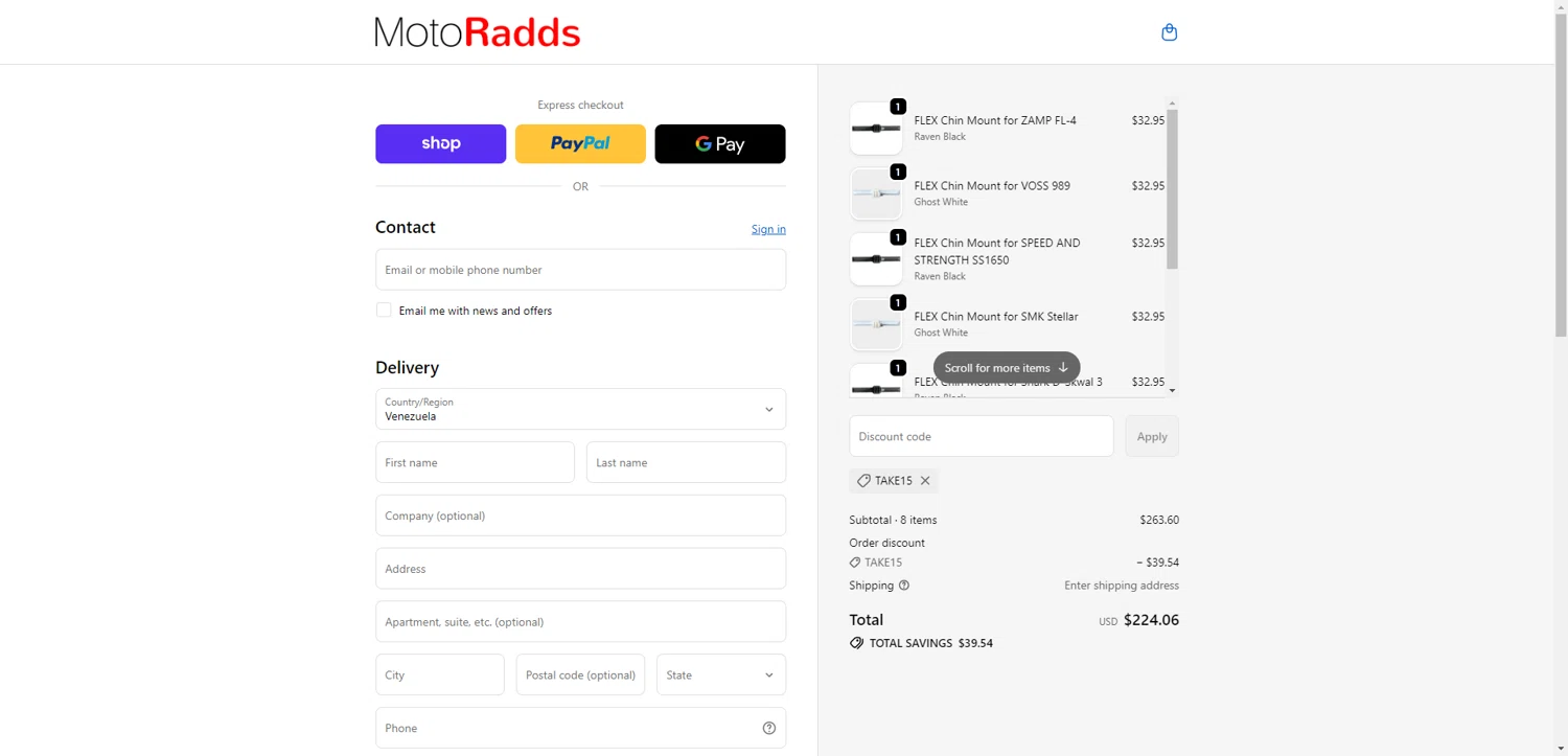 MotoRadds discount code screenshot showing code TAKE15 applied at MotoRadds checkout page. Uploaded by SimplyCodes community member RewardTitan728 on Dec 4, 2025