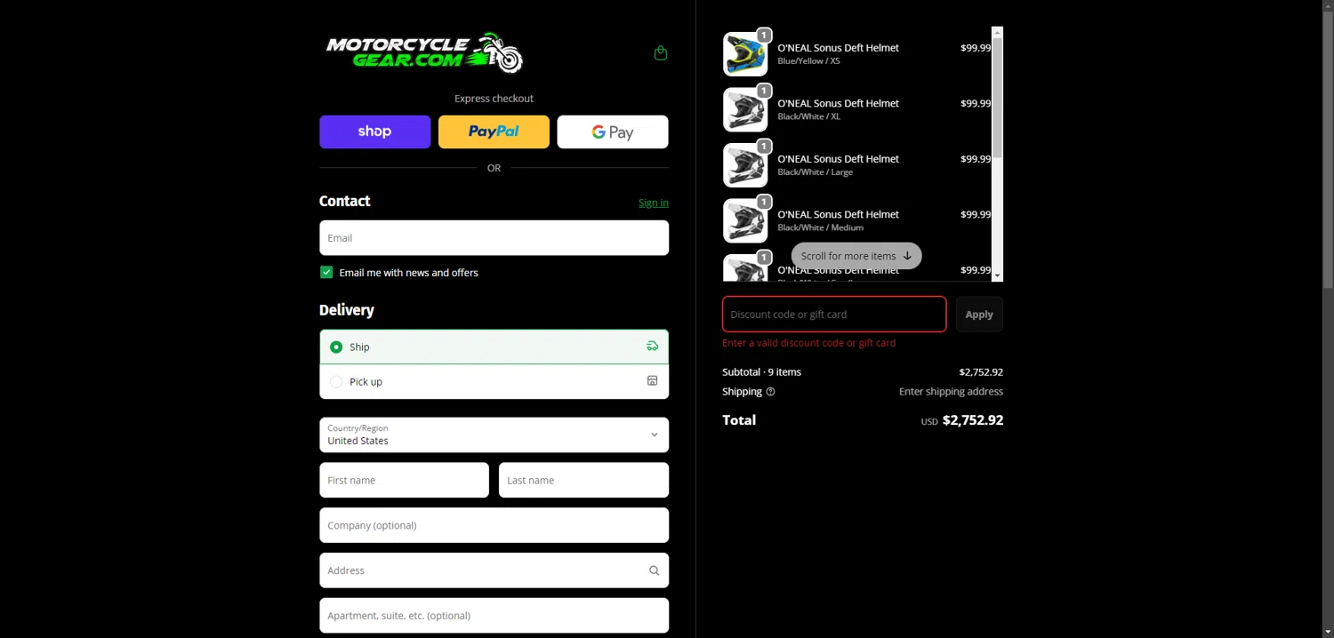 MotorcycleGear.com promo code screenshot showing code km60off applied at MotorcycleGear.com checkout page. Uploaded by SimplyCodes community member LOgoter on Feb 10, 2026