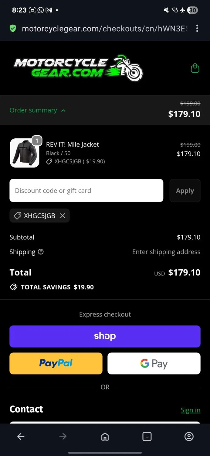 MotorcycleGear.com checkout page showing MotorcycleGear.com promo code box | Screenshot taken by SimplyCodes community member on Sep 21, 2025