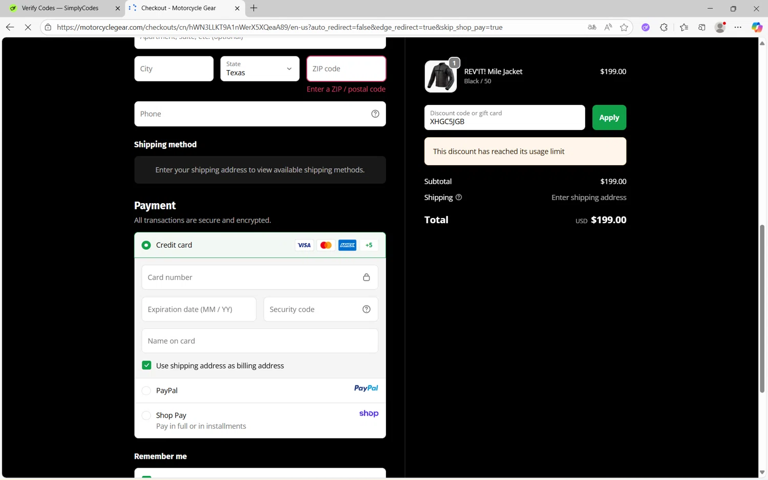 MotorcycleGear.com promo code screenshot showing code XHGC5JGB applied at MotorcycleGear.com checkout page. Uploaded by SimplyCodes community member juanx1702 on Sep 24, 2025