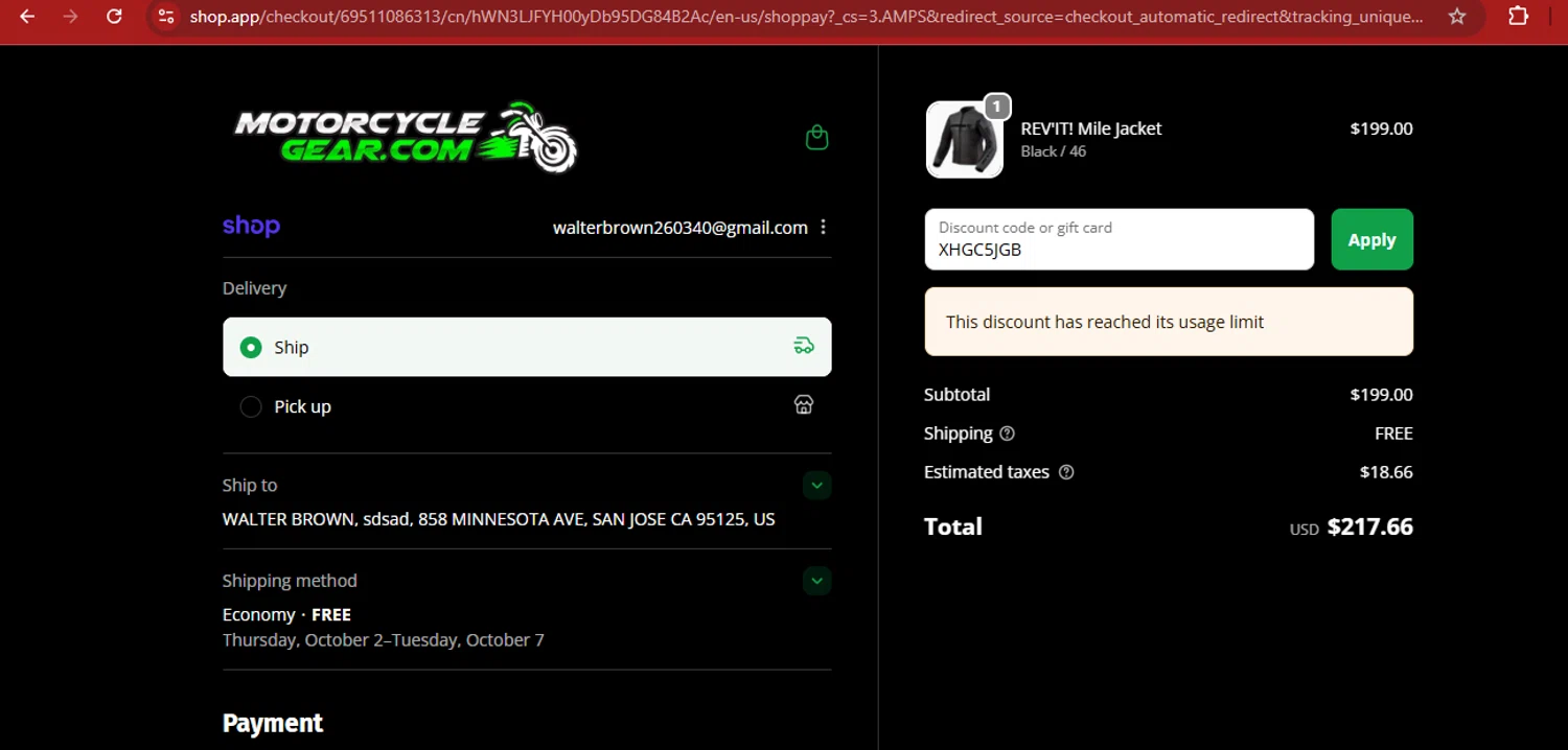 MotorcycleGear.com promo code screenshot showing code XHGC5JGB applied at MotorcycleGear.com checkout page. Uploaded by SimplyCodes community member kimberlinmartinez on Sep 24, 2025