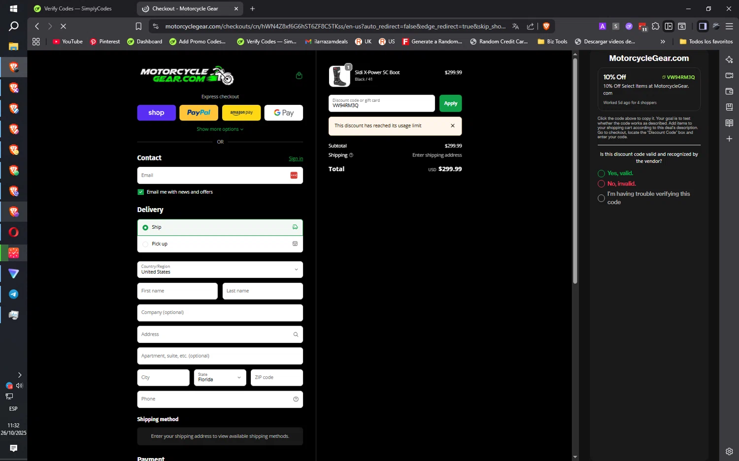 MotorcycleGear.com promo code screenshot showing code VW94RM3Q applied at MotorcycleGear.com checkout page. Uploaded by SimplyCodes community member ilarrazaM1 on Oct 26, 2025