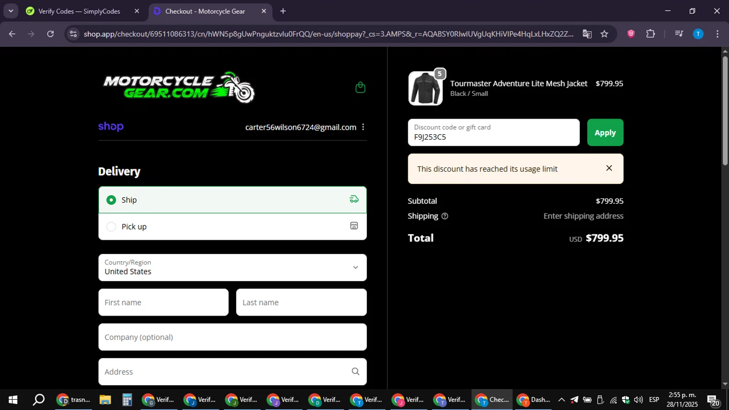 MotorcycleGear.com promo code screenshot showing code F9J253C5 applied at MotorcycleGear.com checkout page. Uploaded by SimplyCodes community member LuckyPioneer4530 on Nov 28, 2025