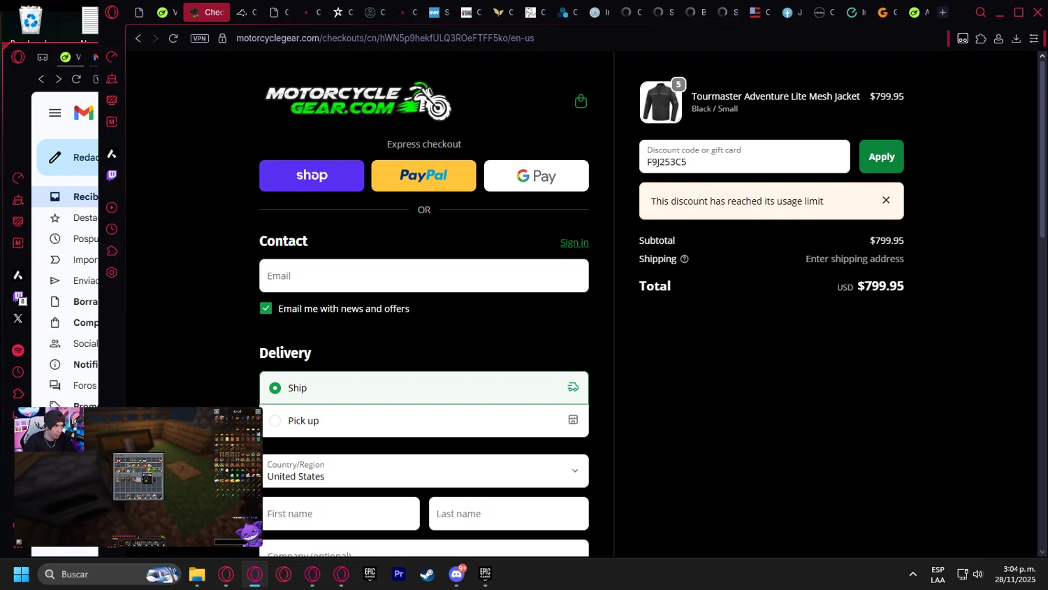 MotorcycleGear.com promo code screenshot showing code F9J253C5 applied at MotorcycleGear.com checkout page. Uploaded by SimplyCodes community member leonardocamacho2 on Nov 28, 2025