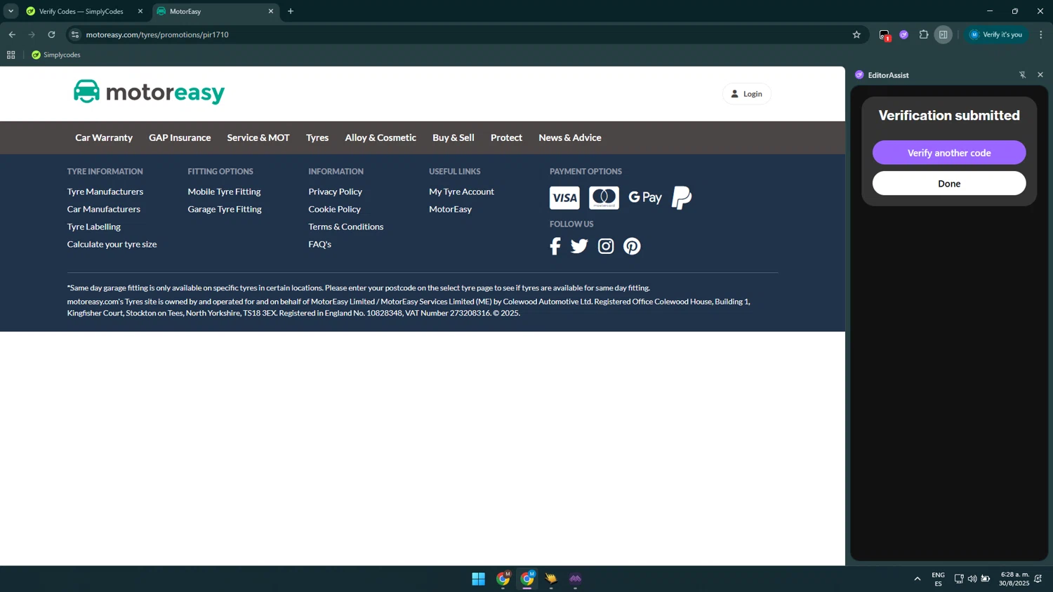 MotorEasy Car Warranty promo code screenshot showing code PIR1710 applied at MotorEasy Car Warranty checkout page. Uploaded by SimplyCodes community member GloriousSaver4644 on Aug 30, 2025