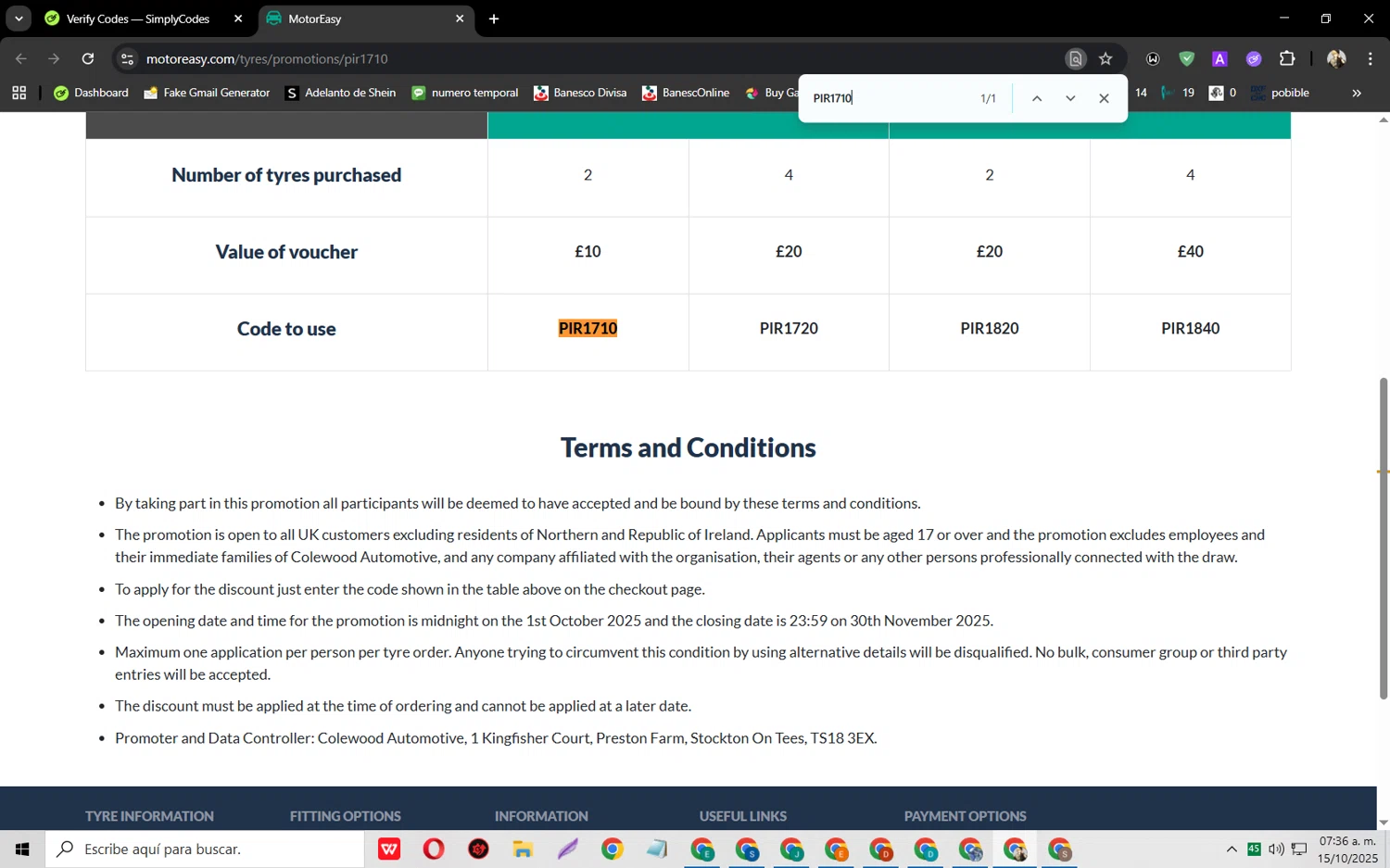 MotorEasy Car Warranty promo code screenshot showing code PIR1710 applied at MotorEasy Car Warranty checkout page. Uploaded by SimplyCodes community member jeysosmoore on Oct 15, 2025