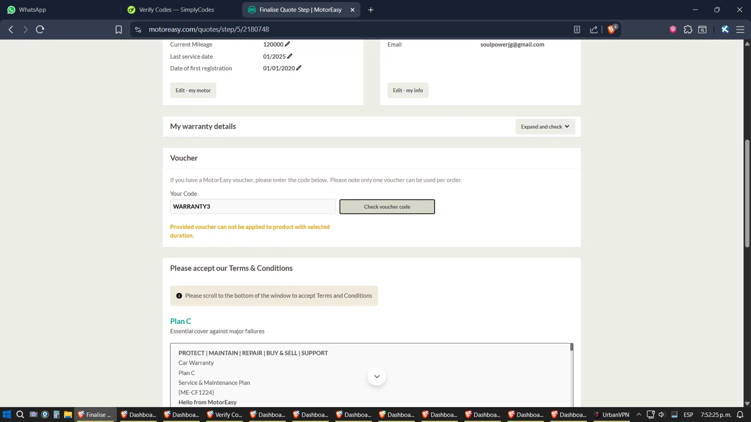 MotorEasy Car Warranty promo code screenshot showing code WARRANTY3 applied at MotorEasy Car Warranty checkout page. Uploaded by SimplyCodes community member SimplyGOAT on Oct 24, 2025