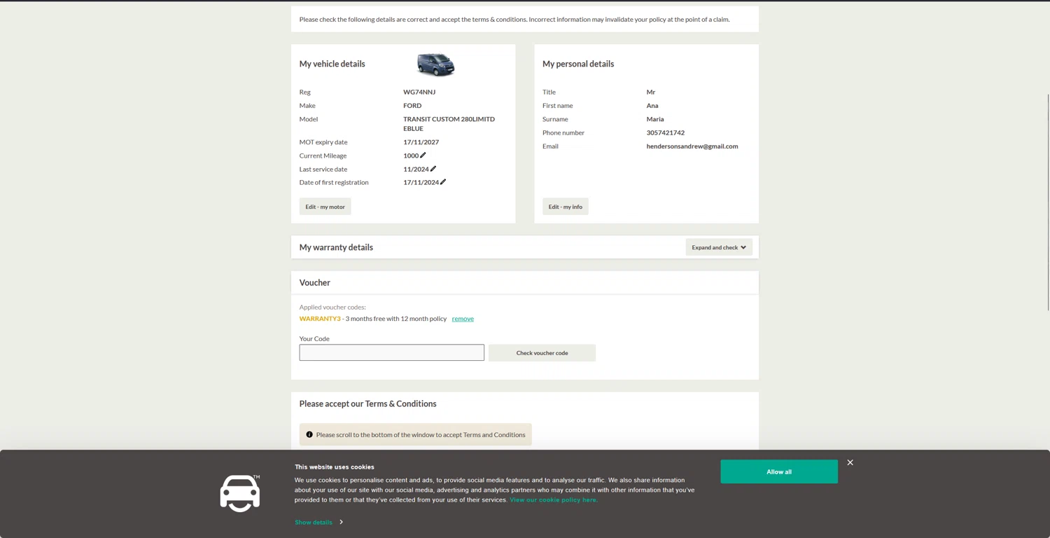 MotorEasy Car Warranty promo code screenshot showing code WARRANTY3 applied at MotorEasy Car Warranty checkout page. Uploaded by SimplyCodes community member bluemoony on Oct 25, 2025