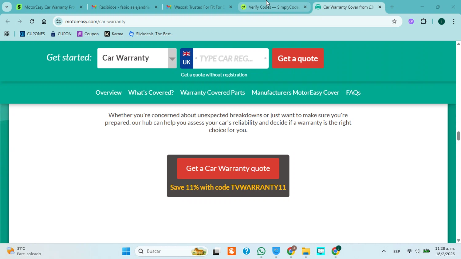 MotorEasy Car Warranty checkout page showing MotorEasy Car Warranty promo code box | Screenshot taken by SimplyCodes community member on Feb 18, 2026