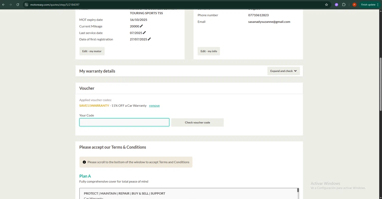 MotorEasy Car Warranty promo code screenshot showing code SAVE11WARRANTY applied at MotorEasy Car Warranty checkout page. Uploaded by SimplyCodes community member Keilynkeyonshea on Oct 29, 2025