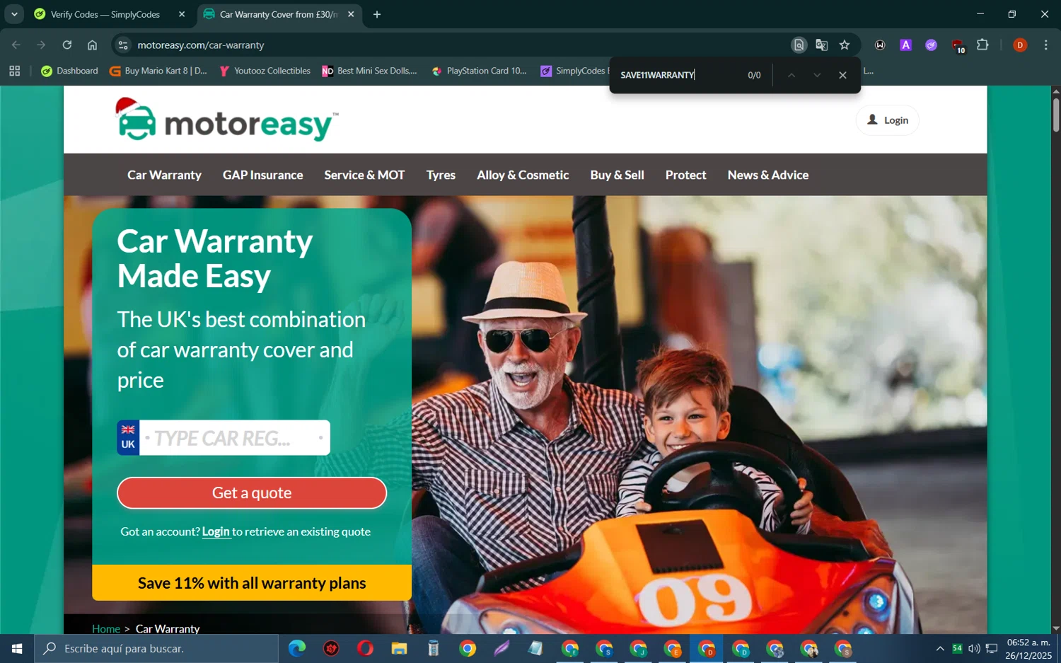 MotorEasy Car Warranty promo code screenshot showing code SAVE11WARRANTY applied at MotorEasy Car Warranty checkout page. Uploaded by SimplyCodes community member SaleSaver3540 on Dec 26, 2025