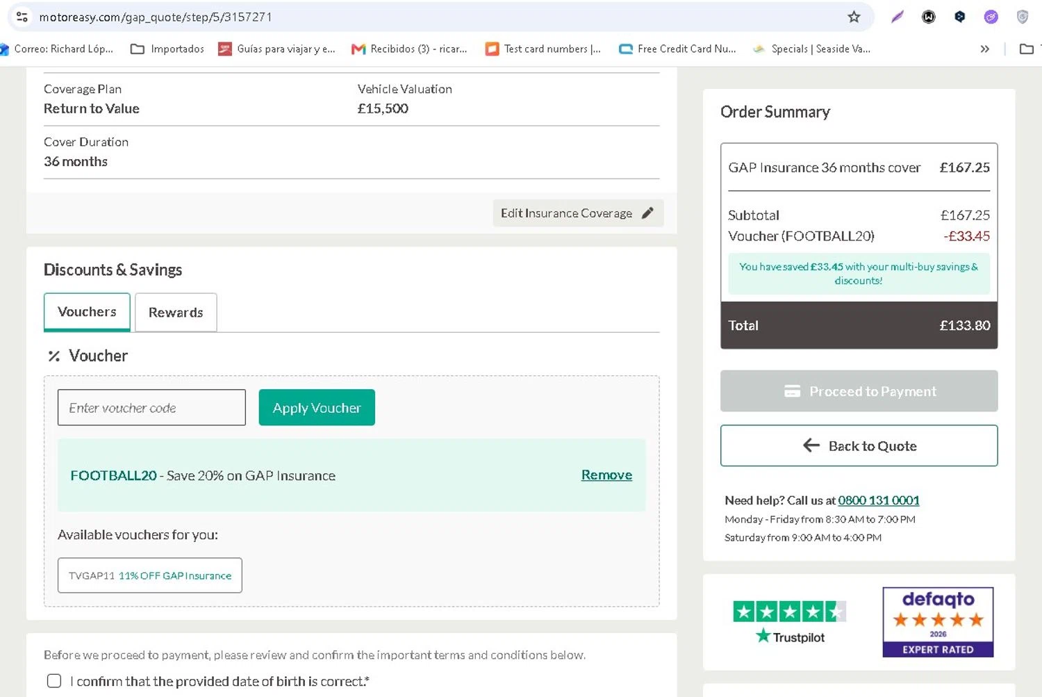 MotorEasy Car Warranty promo code screenshot showing code football20 applied at MotorEasy Car Warranty checkout page. Uploaded by SimplyCodes community member LAMINEJAMAL on Jun 12, 2026