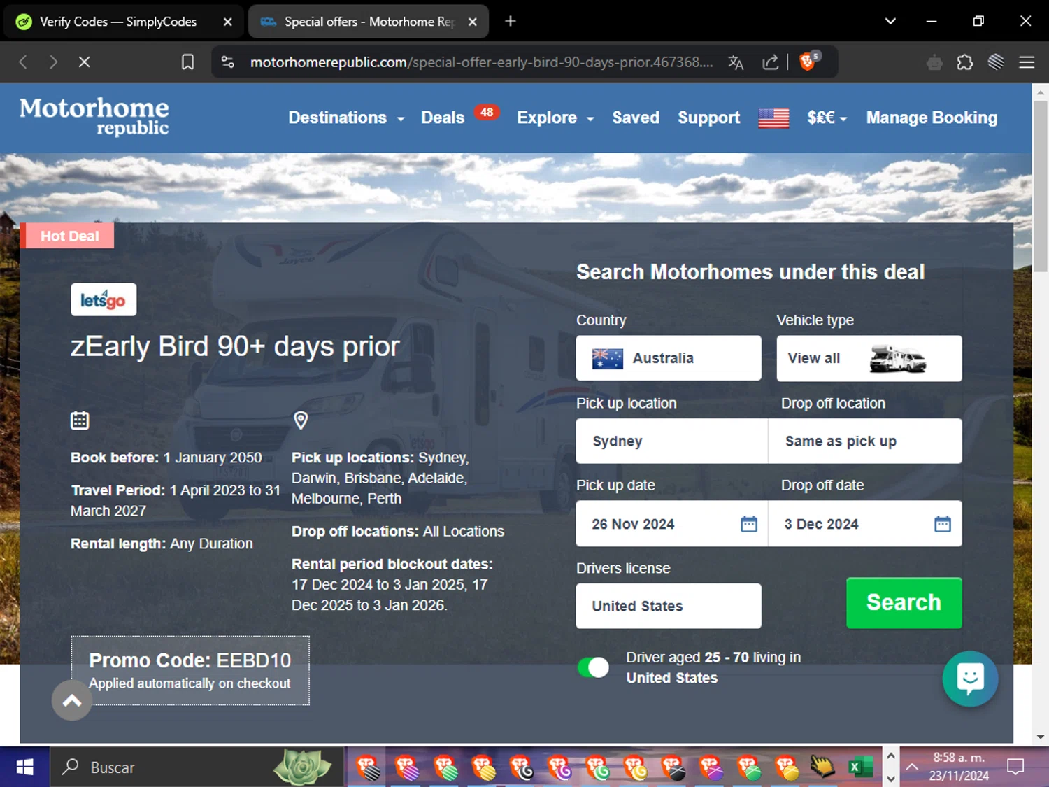 Motorhome Republic checkout page showing Motorhome Republic promo code box | Screenshot taken by SimplyCodes community member on Nov 23, 2024