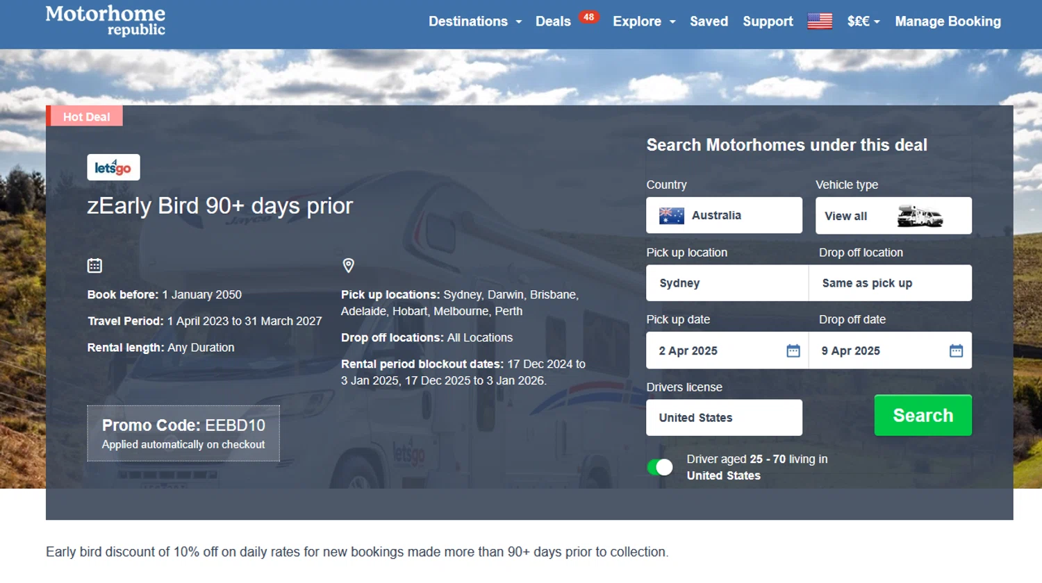 Motorhome Republic promo code screenshot showing code EEBD10 applied at Motorhome Republic checkout page. Uploaded by SimplyCodes community member bluemoony on Mar 30, 2025