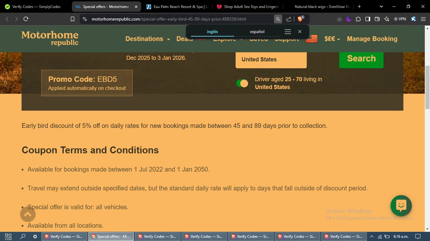 Motorhome Republic promo code screenshot showing code EBD5 applied at Motorhome Republic checkout page. Uploaded by SimplyCodes community member FrugalAce2492 on Jan 13, 2025