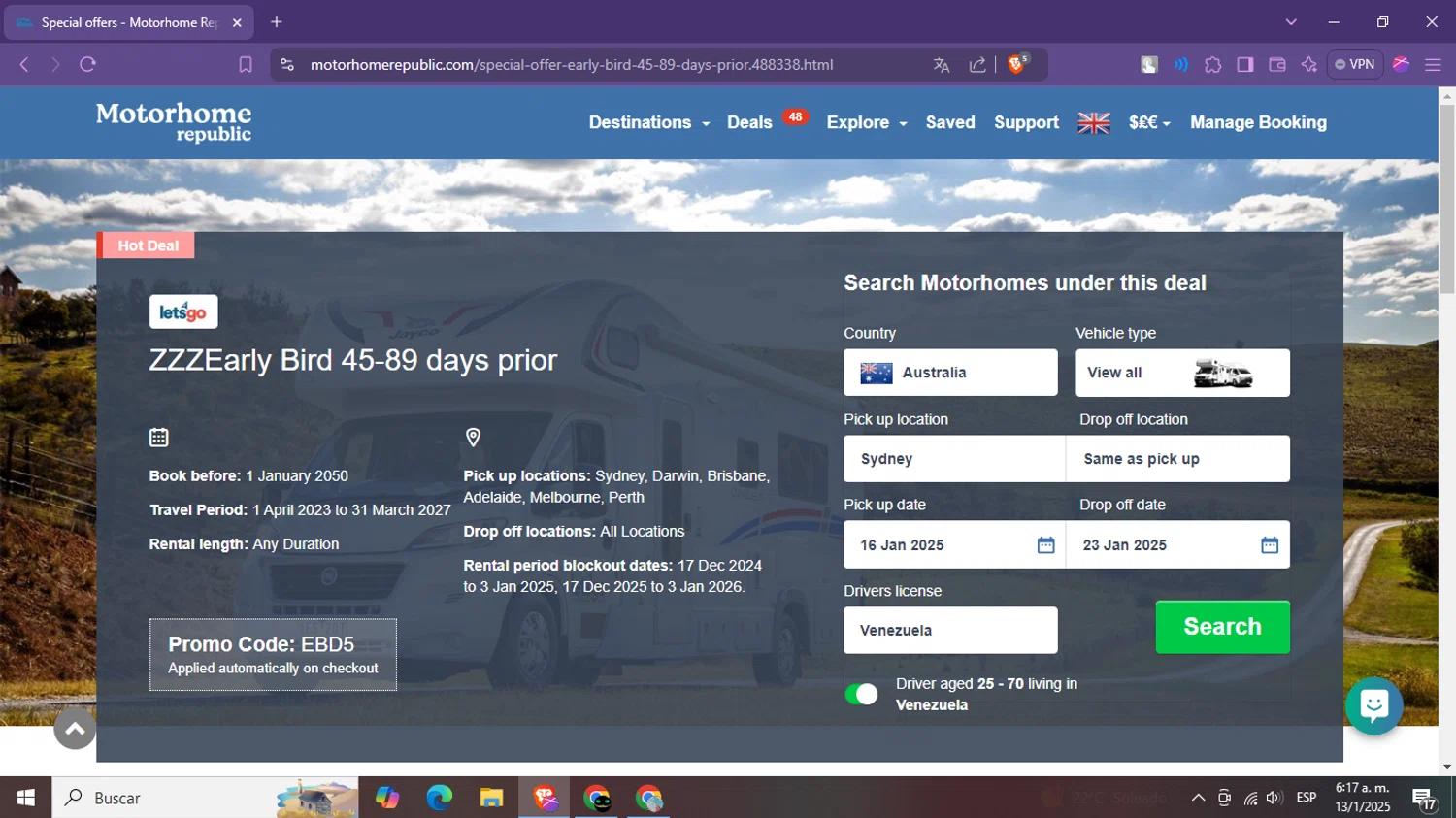 Motorhome Republic promo code screenshot showing code EBD5 applied at Motorhome Republic checkout page. Uploaded by SimplyCodes community member BargainWizard5755 on Jan 13, 2025