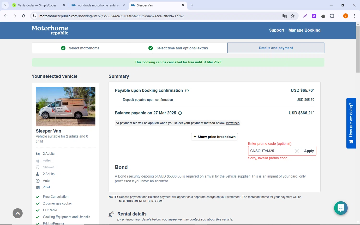 Motorhome Republic promo code screenshot showing code CNSOUTAM25 applied at Motorhome Republic checkout page. Uploaded by SimplyCodes community member ShrewdCaptain9911 on Jan 6, 2025