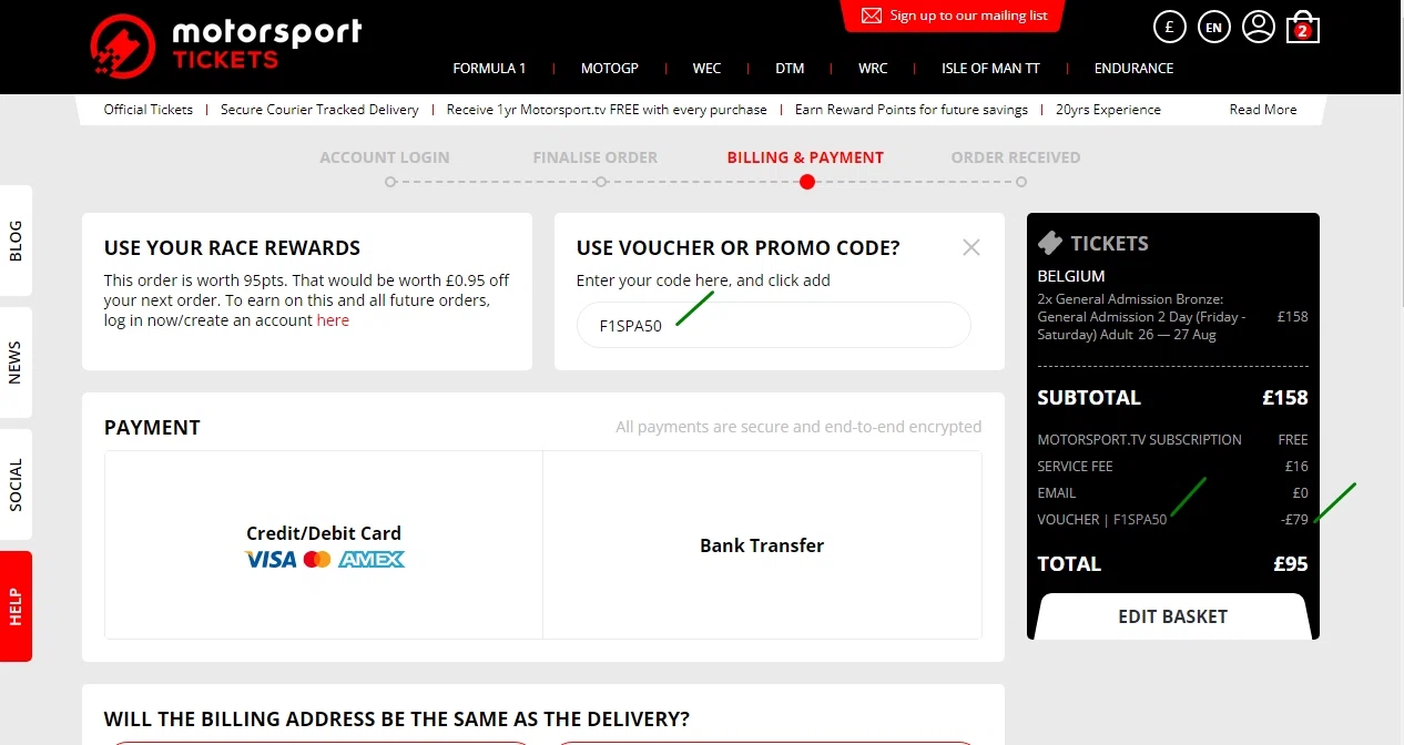 Motorsport Tickets checkout page showing Motorsport Tickets promo code box | Screenshot taken by SimplyCodes community member on Aug 20, 2022