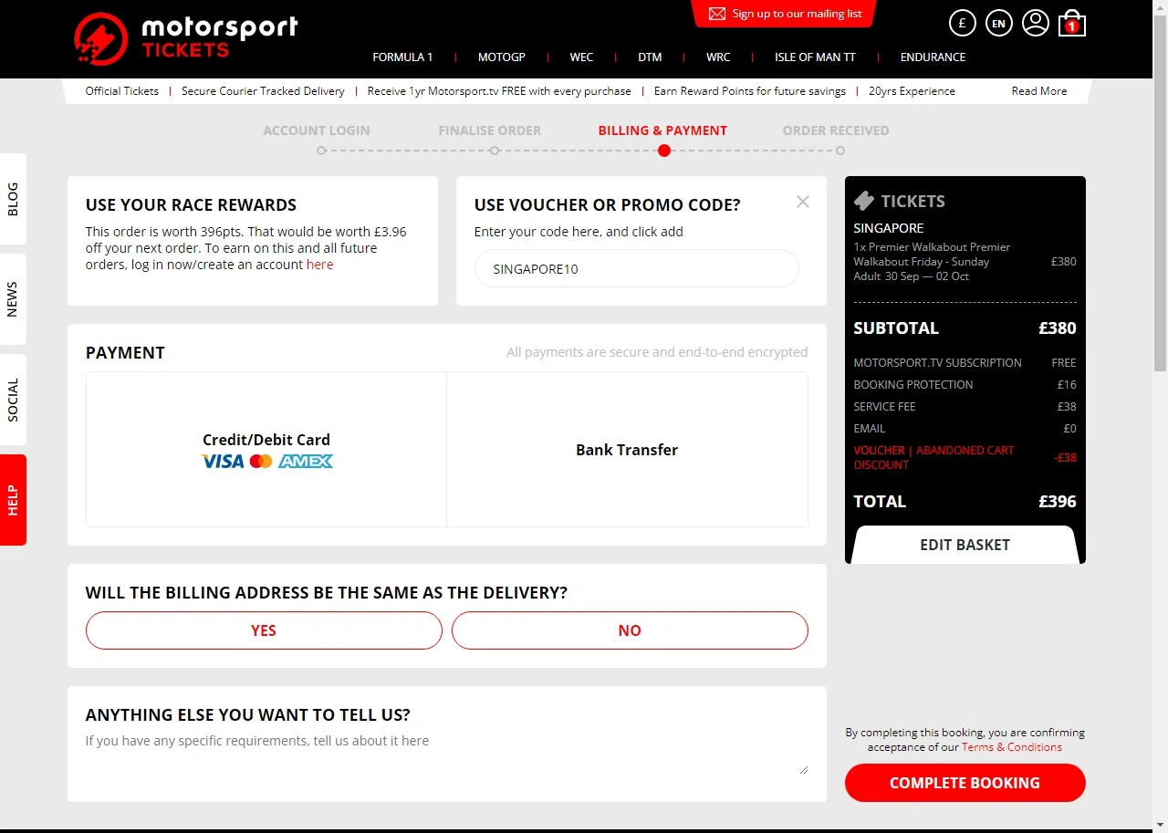 Motorsport Tickets checkout page showing Motorsport Tickets promo code box | Screenshot taken by SimplyCodes community member on Sep 17, 2022