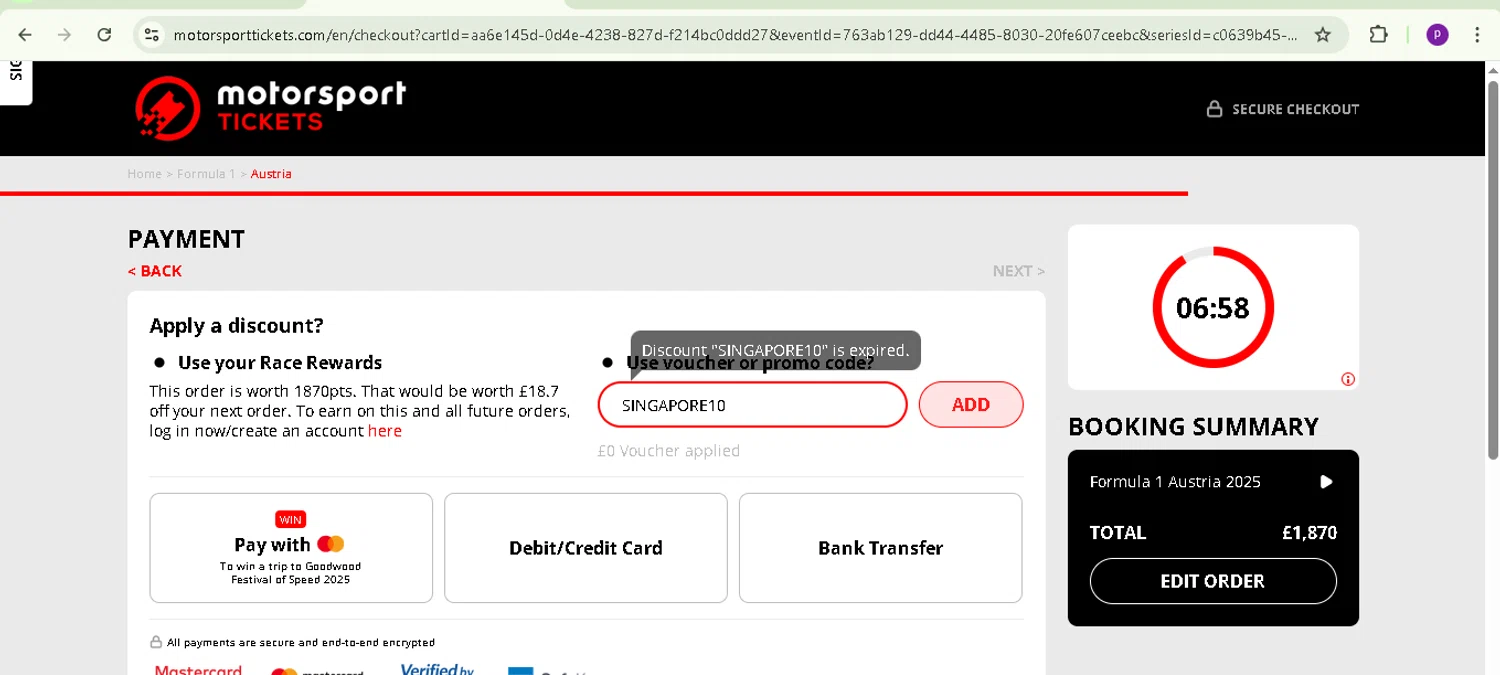 Motorsport Tickets promo code screenshot showing code SINGAPORE10 applied at Motorsport Tickets checkout page. Uploaded by SimplyCodes community member TreasureMaverick5280 on Apr 14, 2025