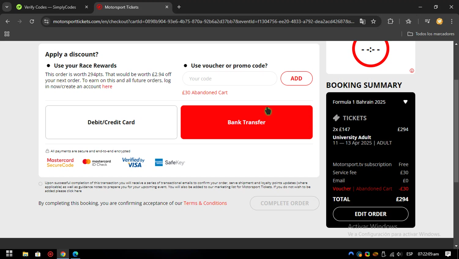 Motorsport Tickets checkout page showing Motorsport Tickets promo code box | Screenshot taken by SimplyCodes community member on Oct 23, 2024