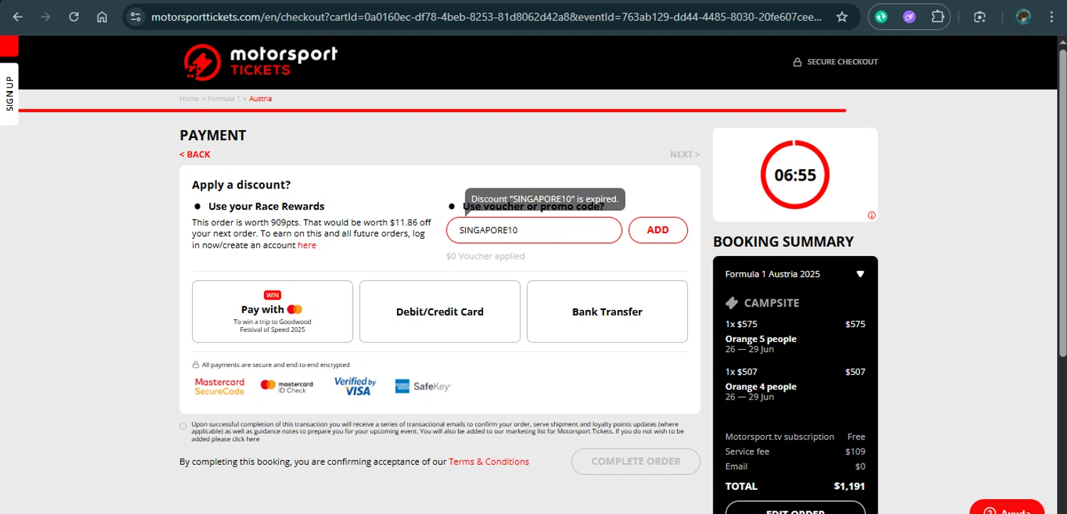 Motorsport Tickets promo code screenshot showing code SINGAPORE10 applied at Motorsport Tickets checkout page. Uploaded by SimplyCodes community member xAngel on Apr 14, 2025
