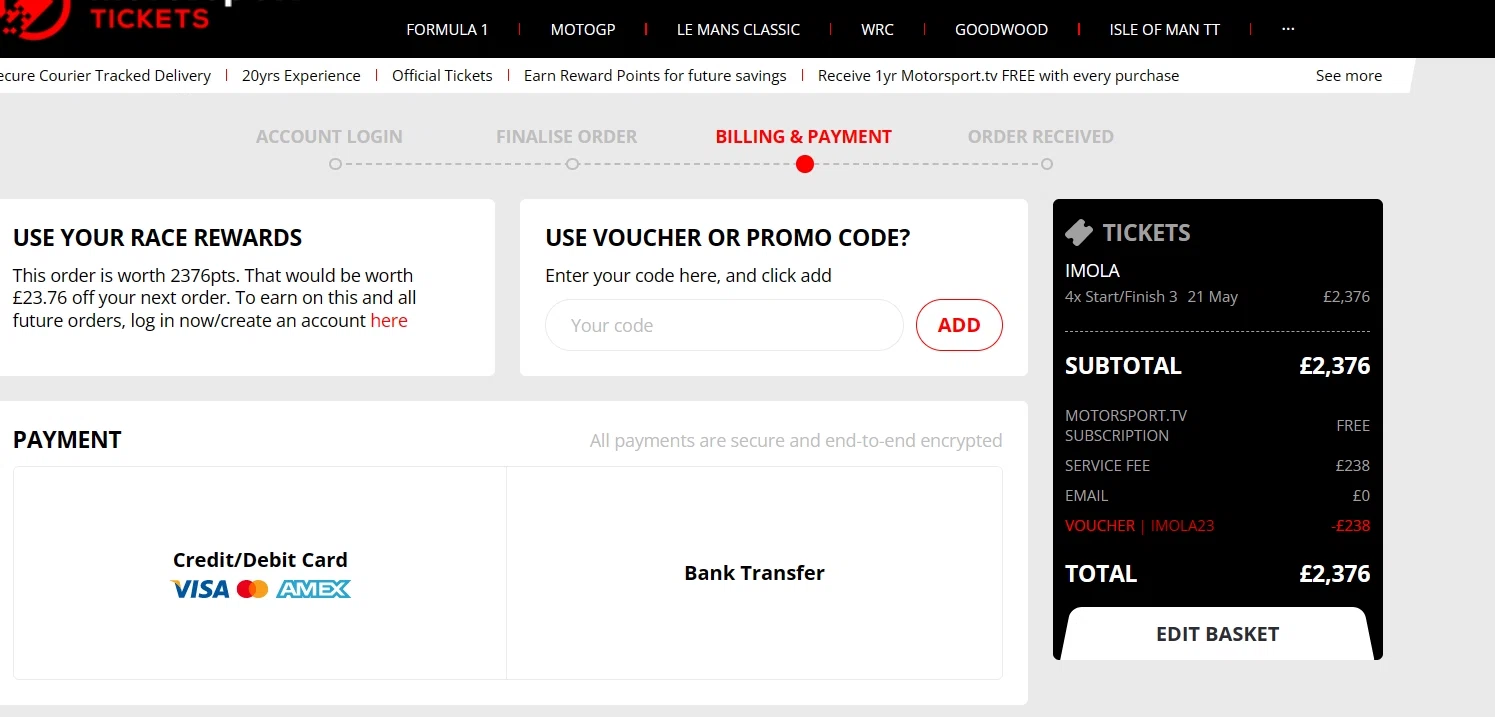 Motorsport Tickets checkout page showing Motorsport Tickets promo code box | Screenshot taken by SimplyCodes community member on Apr 21, 2023